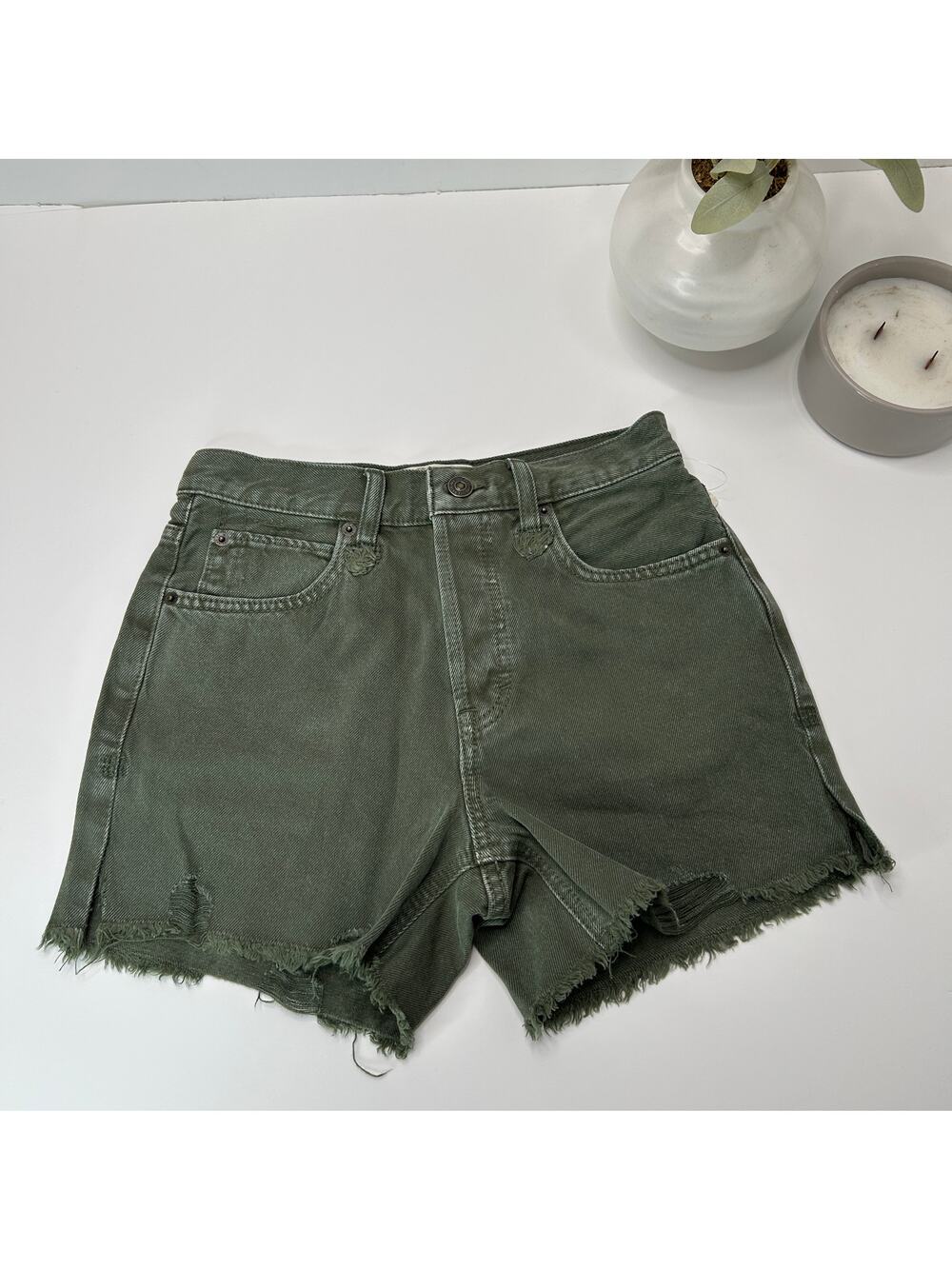 Free People Makai Cutoff Denim Shorts Olive Green Mid Rise Shorts Women 24 NWT